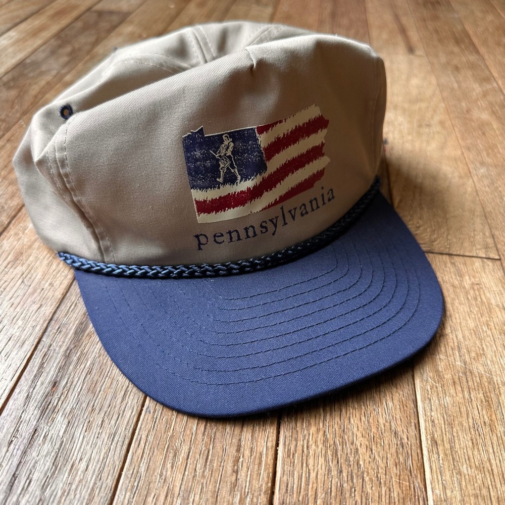 Vintage American Flag Pennsylvania Trucker Hat Mens Graphic Beige‎ Blue 90s